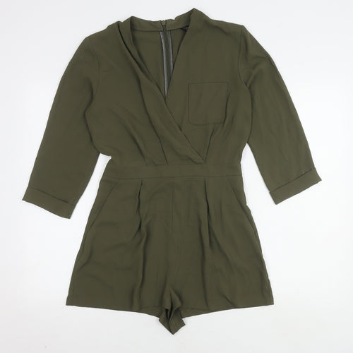 Topshop Womens Green Playsuit UK 10 V-Neck 3/4 Sleeve