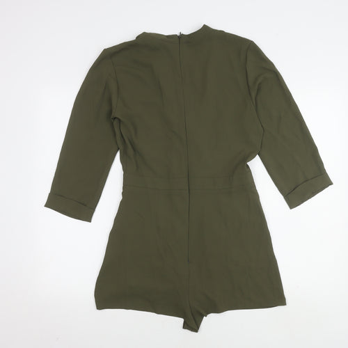 Topshop Womens Green Playsuit UK 10 V-Neck 3/4 Sleeve