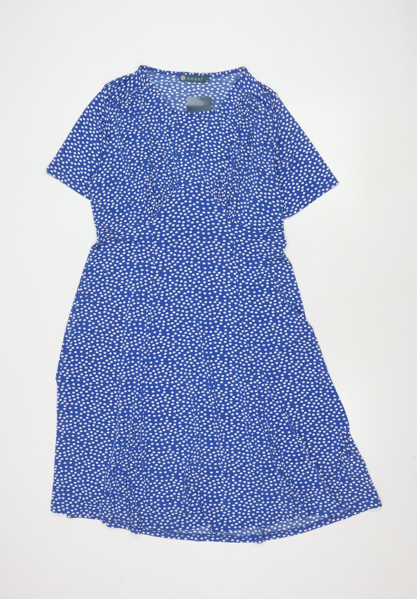 Amber Women's Blue Polka Dot Dress, Size 14, Short Sleeve