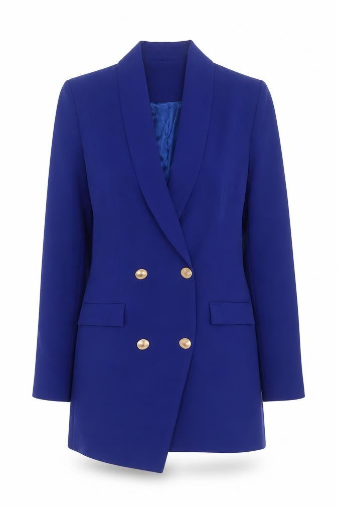 Front view of PRETTYLITTLETHING Women's Blue Double-Breasted Blazer
