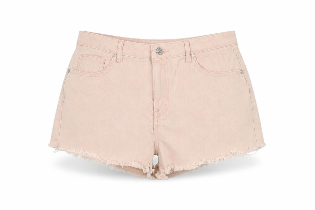 Front view of Missguided Women's Pink Cut-Off Cotton Shorts, size 10