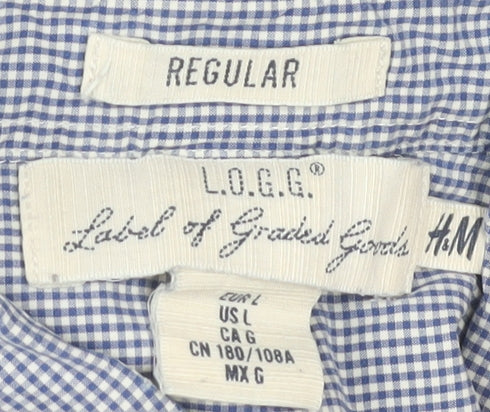 H&M Men's Blue Check Regular Fit Short Sleeve Shirt L