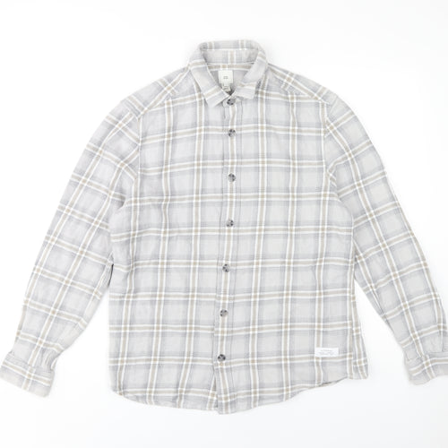 River Island Men's Grey Plaid Button-Up Shirt M