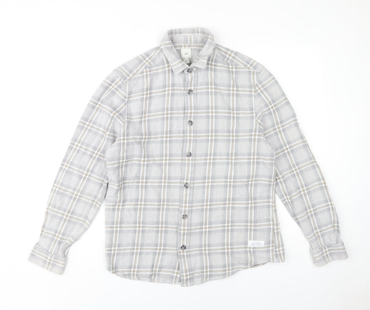 River Island Men's Grey Plaid Button-Up Shirt M