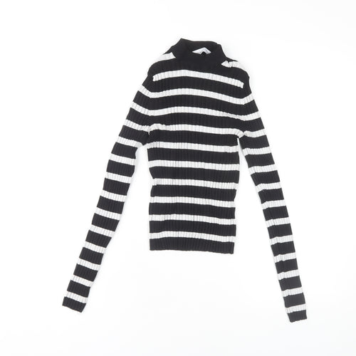 Bershka Women's Black Striped Jersey Mock Neck Top M