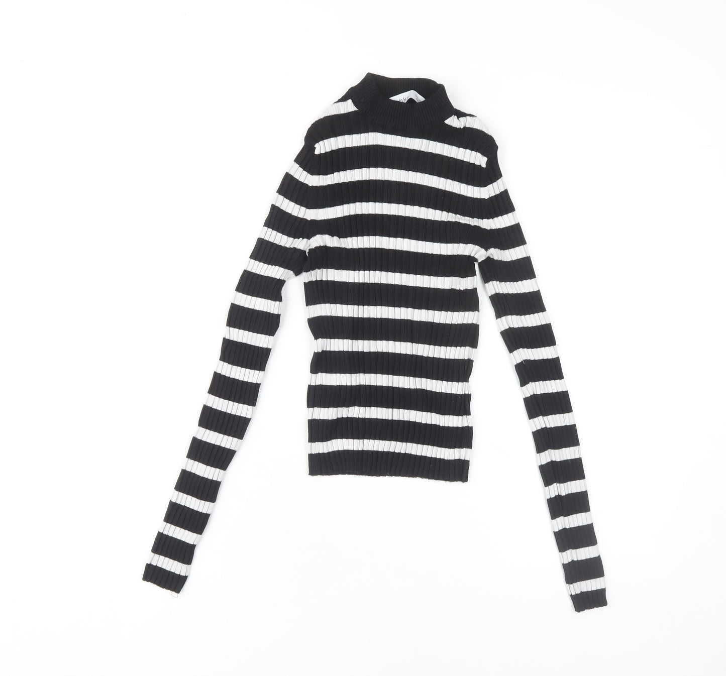 Bershka Women's Black Striped Jersey Mock Neck Top M