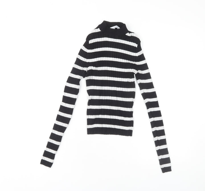 Bershka Women's Black Striped Jersey Mock Neck Top M