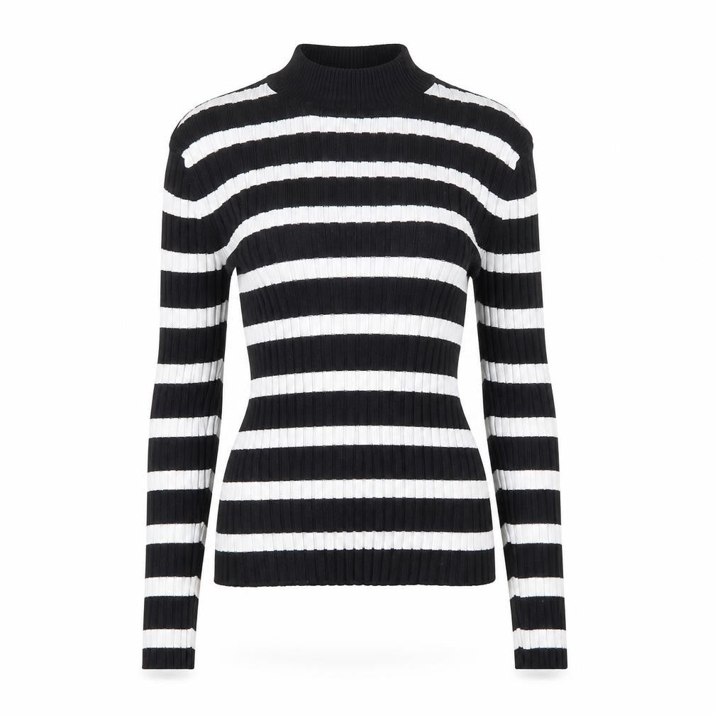 Front view of Bershka Women's Black Striped Jersey Mock Neck Top M