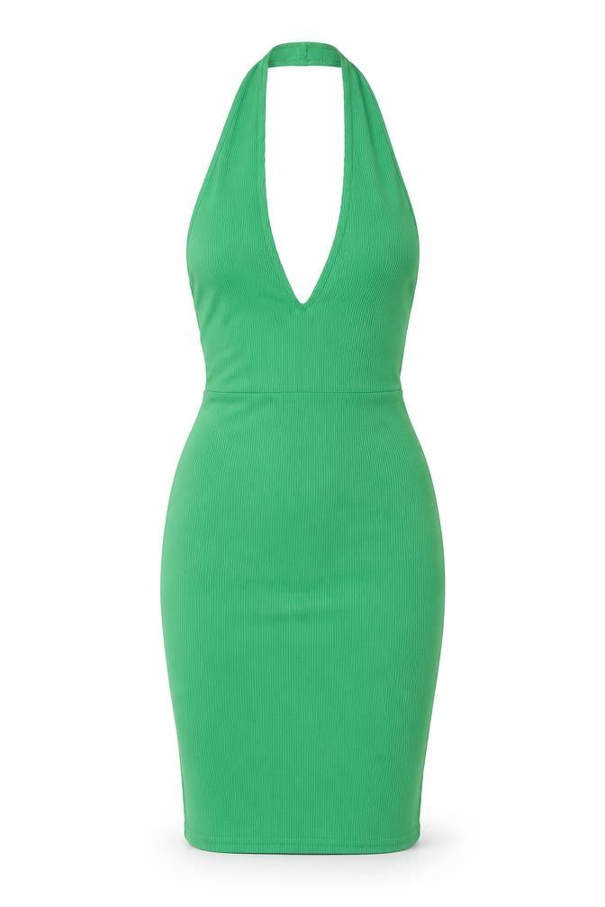 Front view of PRETTYLITTLETHING Green Bodycon Halter Dress UK 8