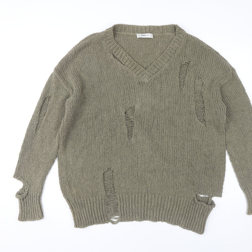 Zara Women's Green V-Neck Pullover Jumper M