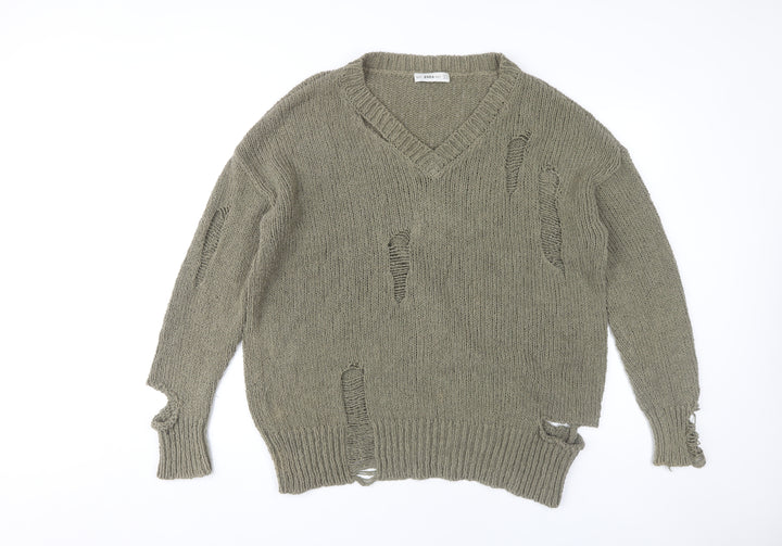 Zara Women's Green V-Neck Pullover Jumper M