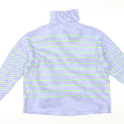 Marks and Spencer Women's Blue Roll Neck Striped Pullover M