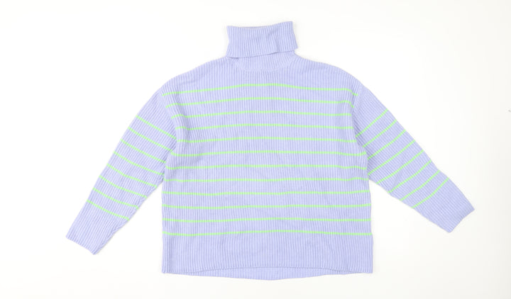 Marks and Spencer Women's Blue Roll Neck Striped Pullover M