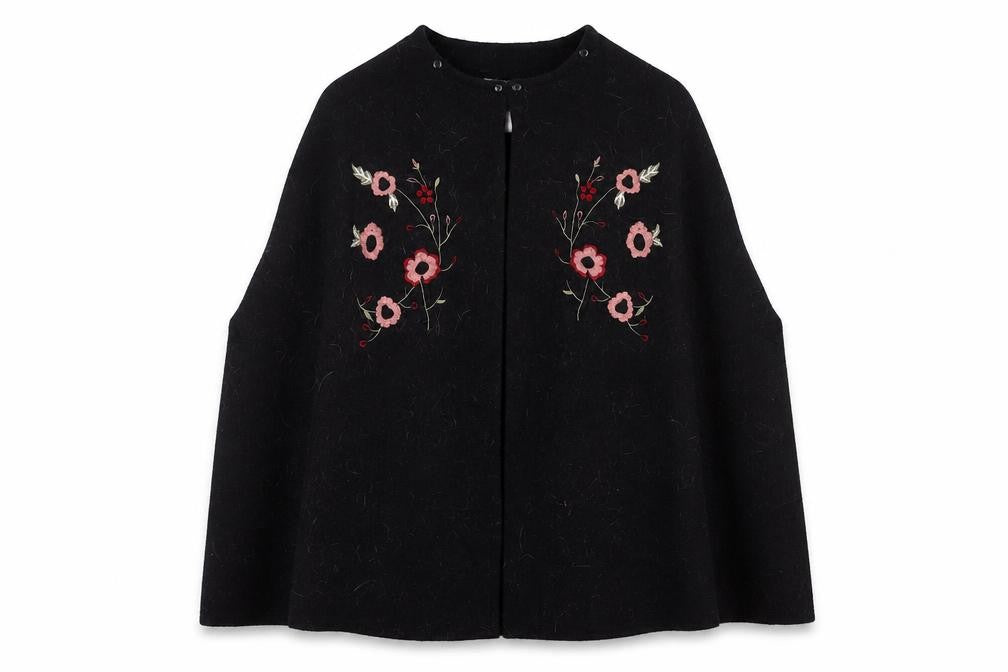 Front view of Afibel Women's Black Cape, size 10/12, Embroidered Floral