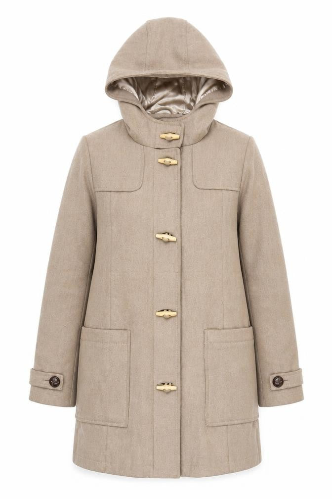 Front view of Blend Women's Beige XS Hooded Wool Duffle Coat