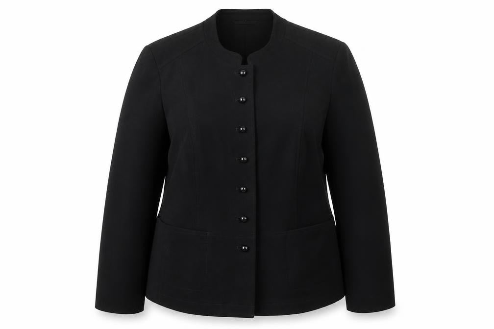 Front view of EWM Women's Black Blazer, size 16, Eight-Button