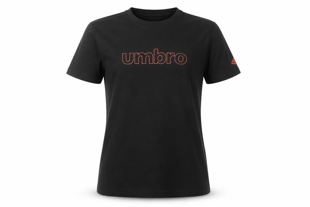 Front view of Umbro unisex black t-shirt, small, casual fit