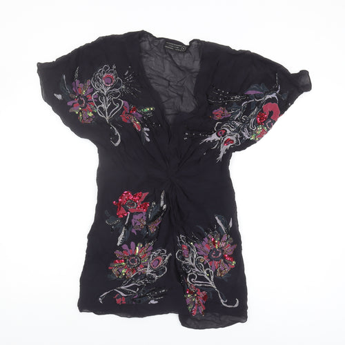 AllSaints Black Silk Embroidered Top, Size 10