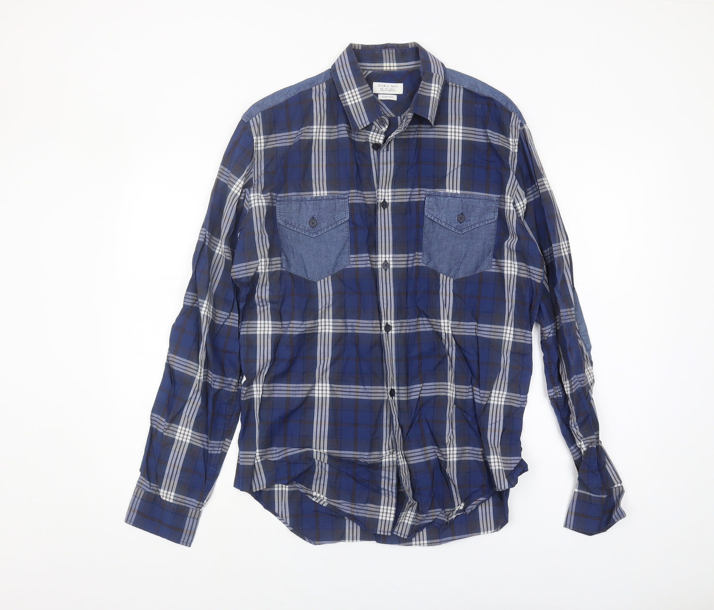 Zara Man Blue Plaid Slim Fit Long Sleeve Shirt L