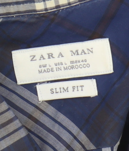 Zara Man Blue Plaid Slim Fit Long Sleeve Shirt L