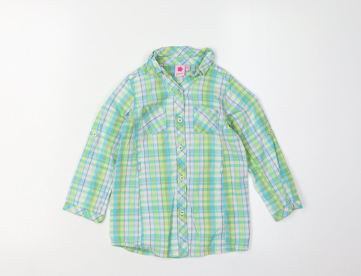 Juniors Girls Green Blue Plaid Button-Up Shirt 3-4 Years