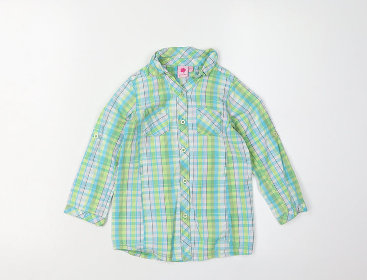 Juniors Girls Green Blue Plaid Button-Up Shirt 3-4 Years