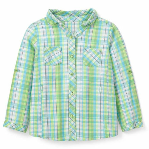 Juniors Girls Green Blue Plaid Button-Up Shirt 3-4 Years