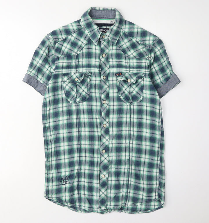 Jack & Jones Men's Green Plaid Short Sleeve Shirt S