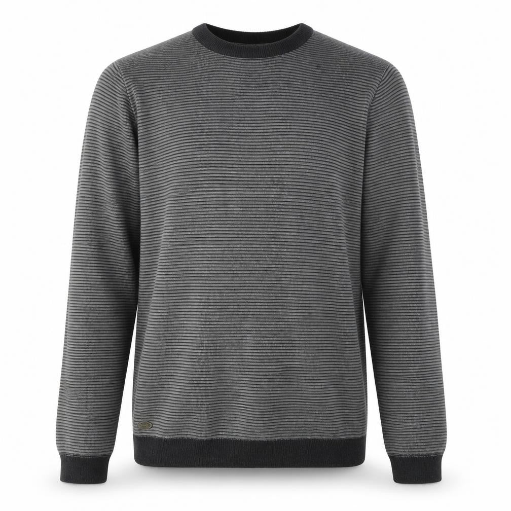 Front view of Tokyo Laundry Men's Grey Striped jumper