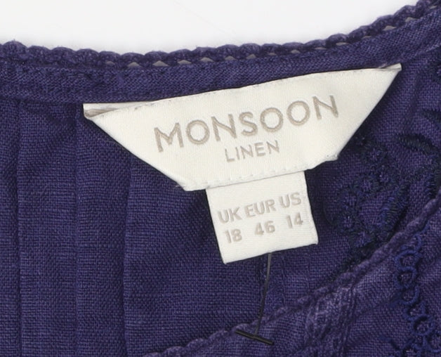Monsoon Women's Purple Linen Sleeveless Dress Size 18
