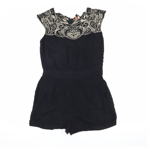 Yumi Women's Black Embroidered Playsuit, Size S