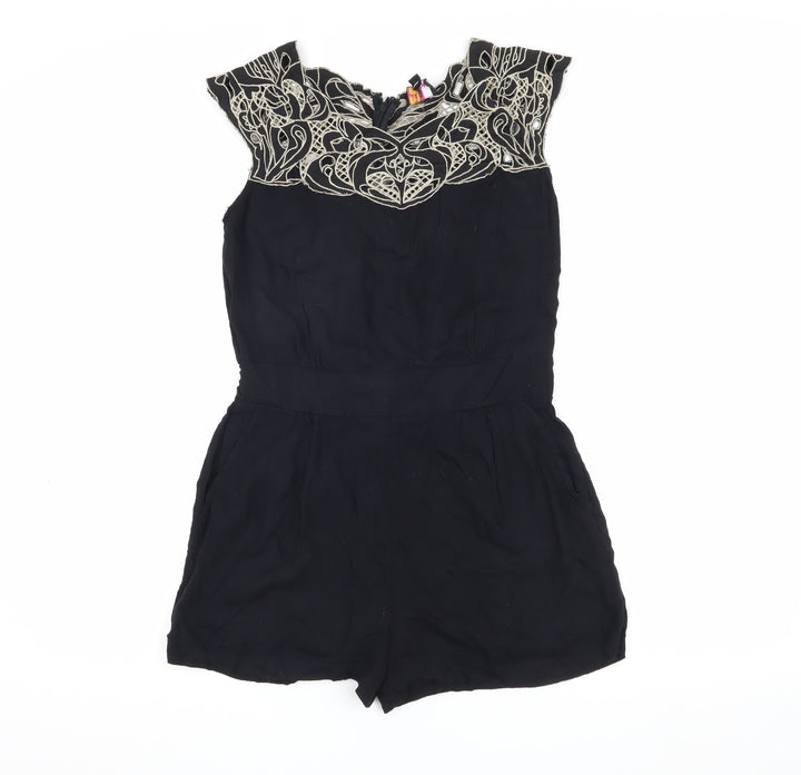 Yumi Women's Black Embroidered Playsuit, Size S