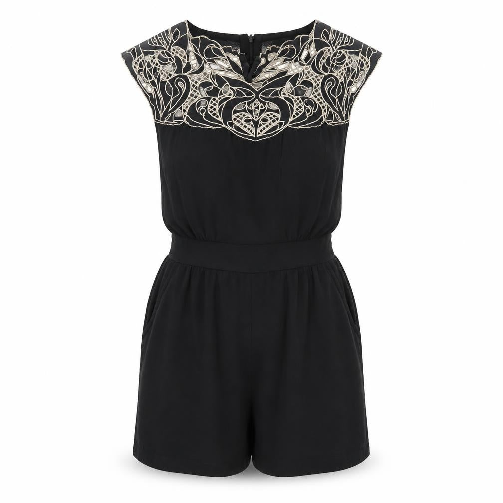 Front view of Yumi Women's Black Embroidered Playsuit, size S