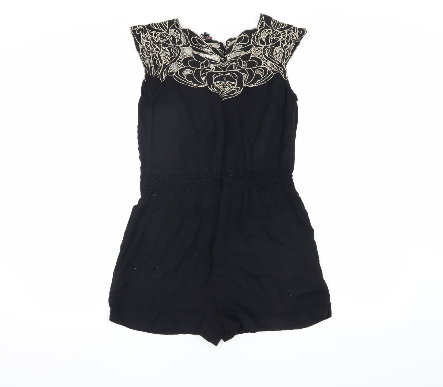Yumi Women's Black Embroidered Playsuit, Size S