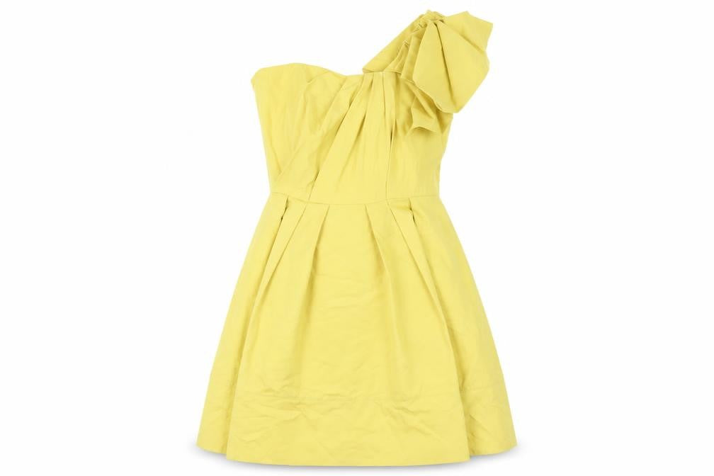 Front view of ASOS Women's Yellow A-Line One Shoulder Dress, size 10