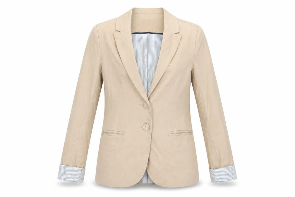 Front view of Stradivarius Women Beige Blazer, size 8, Regular Fit