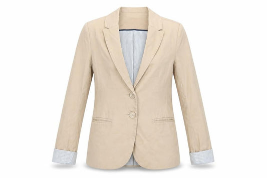 Front view of Stradivarius Women Beige Blazer, size 8, Regular Fit
