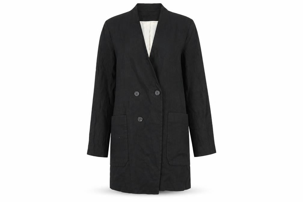 Front view of Mango Women's Black Linen Overcoat, size 10, Business Casual