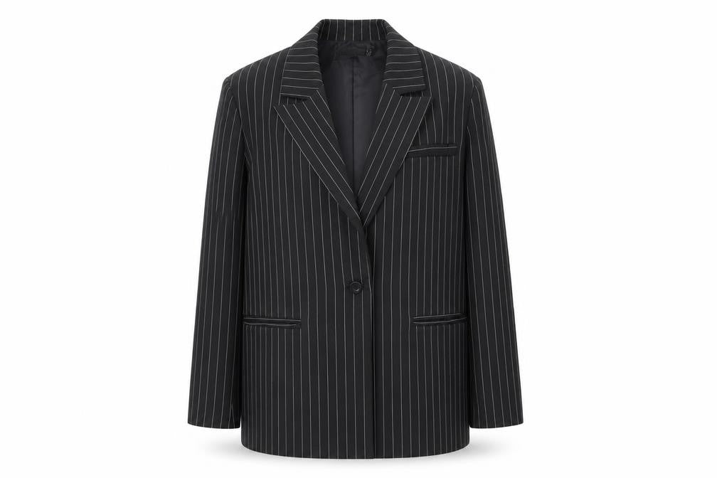 Front view of PRETTYLITTLETHING Women's Black Pinstripe Blazer, size 6
