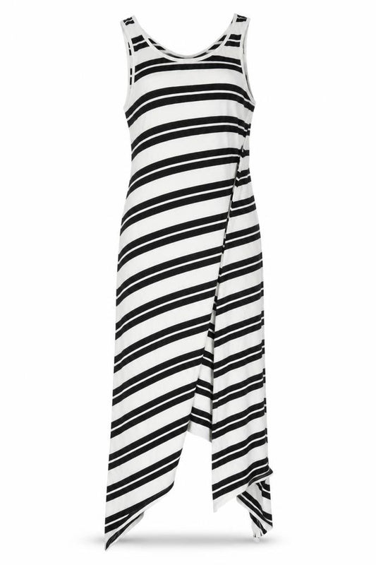 Front view of hush Women's Black White Striped Asymmetric Tank Dress