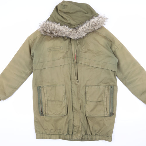 Zara Unisex Green Parka S Faux Fur Hood Coat