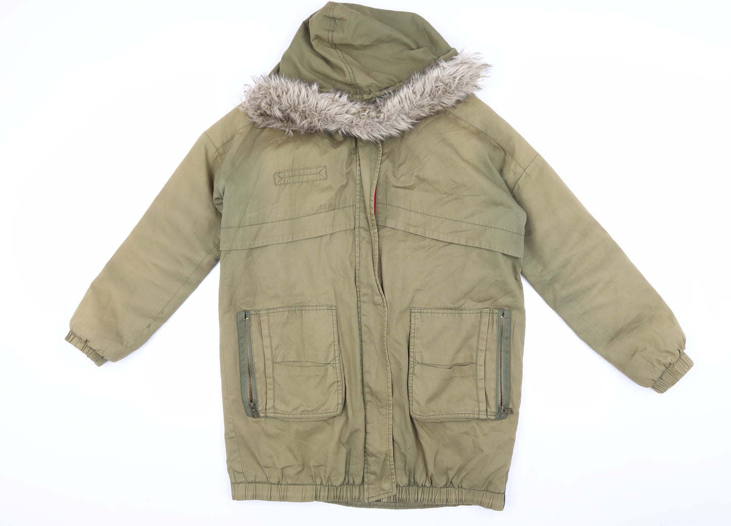Zara Unisex Green Parka S Faux Fur Hood Coat