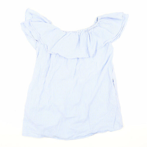 Zara Blue Striped Off-Shoulder Ruffle Blouse