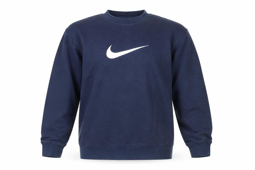Front view of Nike boys’' navy logo sweatshirt m pullover casual