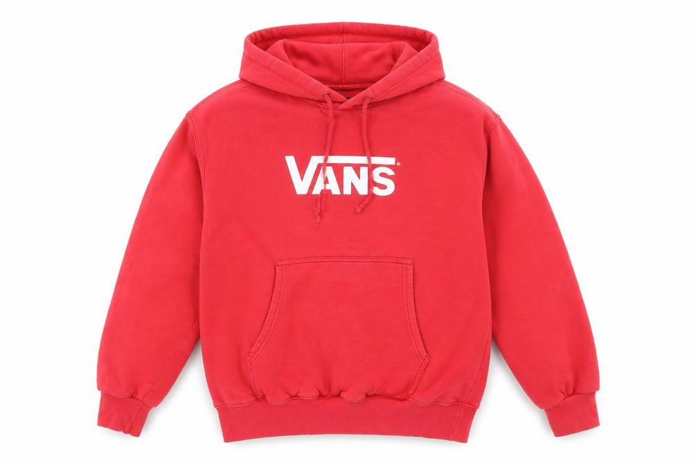 Front view of Vans boys’ red pullover hoodie, size L, graphic print