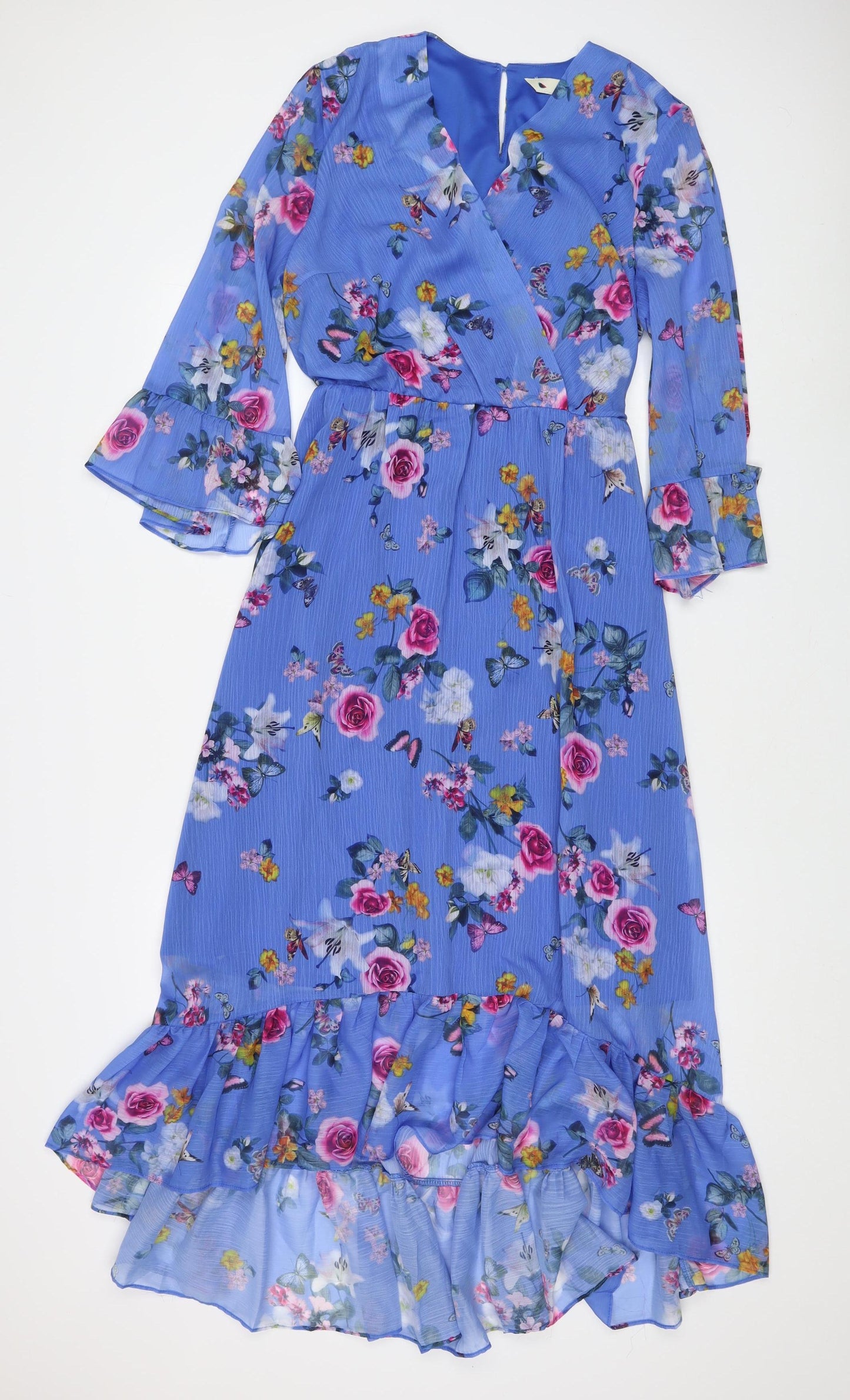 Women's Blue Floral Wrap Midi Dress - Size 14