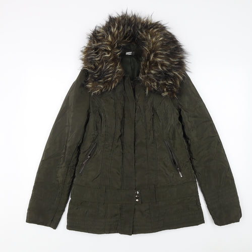 M&Co Women's Green Parka Jacket Size 10 Fur Trim Casual