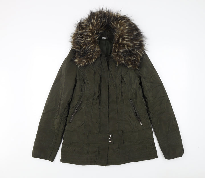 M&Co Women's Green Parka Jacket Size 10 Fur Trim Casual