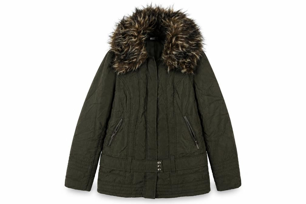 M&Co Women's Green Parka Jacket Size 10 Fur Trim Casual