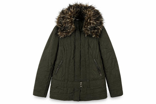 Front view of M&Co Women's Green Parka Jacket, size 10, Fur Trim Casual